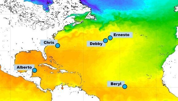 Puntos donde se originaron tormentas tropicales y subtropicales entre el 25 de mayo y el 15 de agosto de 2018.