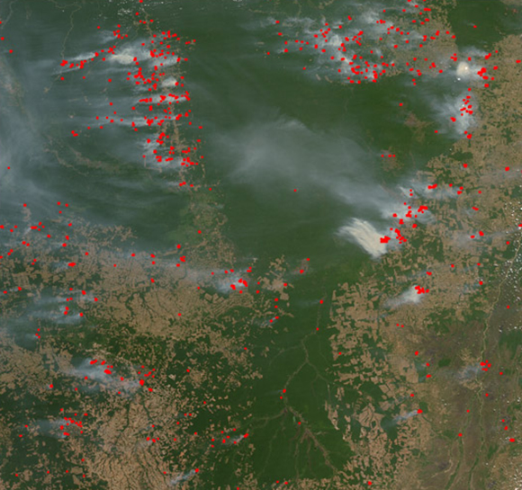 Los incendios han afectado a la Amazonía brasileña por años, y se expanden alrededor de los claros que deja la deforestación. Imagen: NASA. Los incendios han afectado a la Amazonía brasileña por años, y se expanden alrededor de los claros que deja la deforestación. Imagen: NASA.